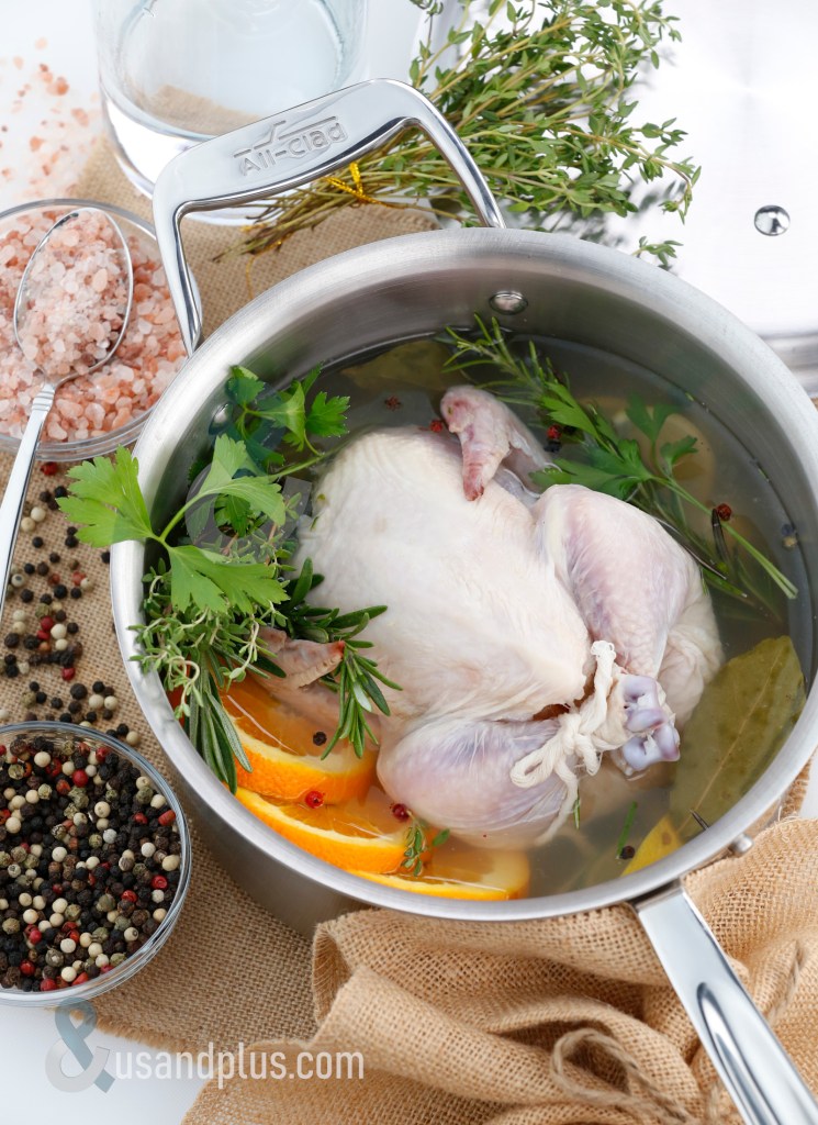A pot filled with water, herbs, and spices, featuring a whole chicken submerged with orange slices, surrounded by peppercorns and pink salt.